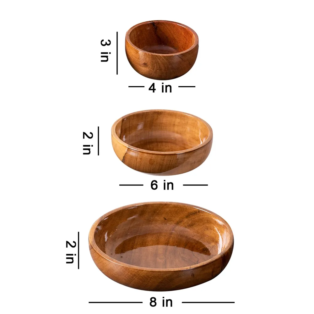 Rustic Brown Flat Wooden Serving Bowls Set Of 3