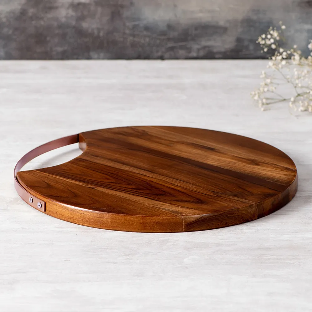 Rustic Brown Round Teak Wood Serving Platter