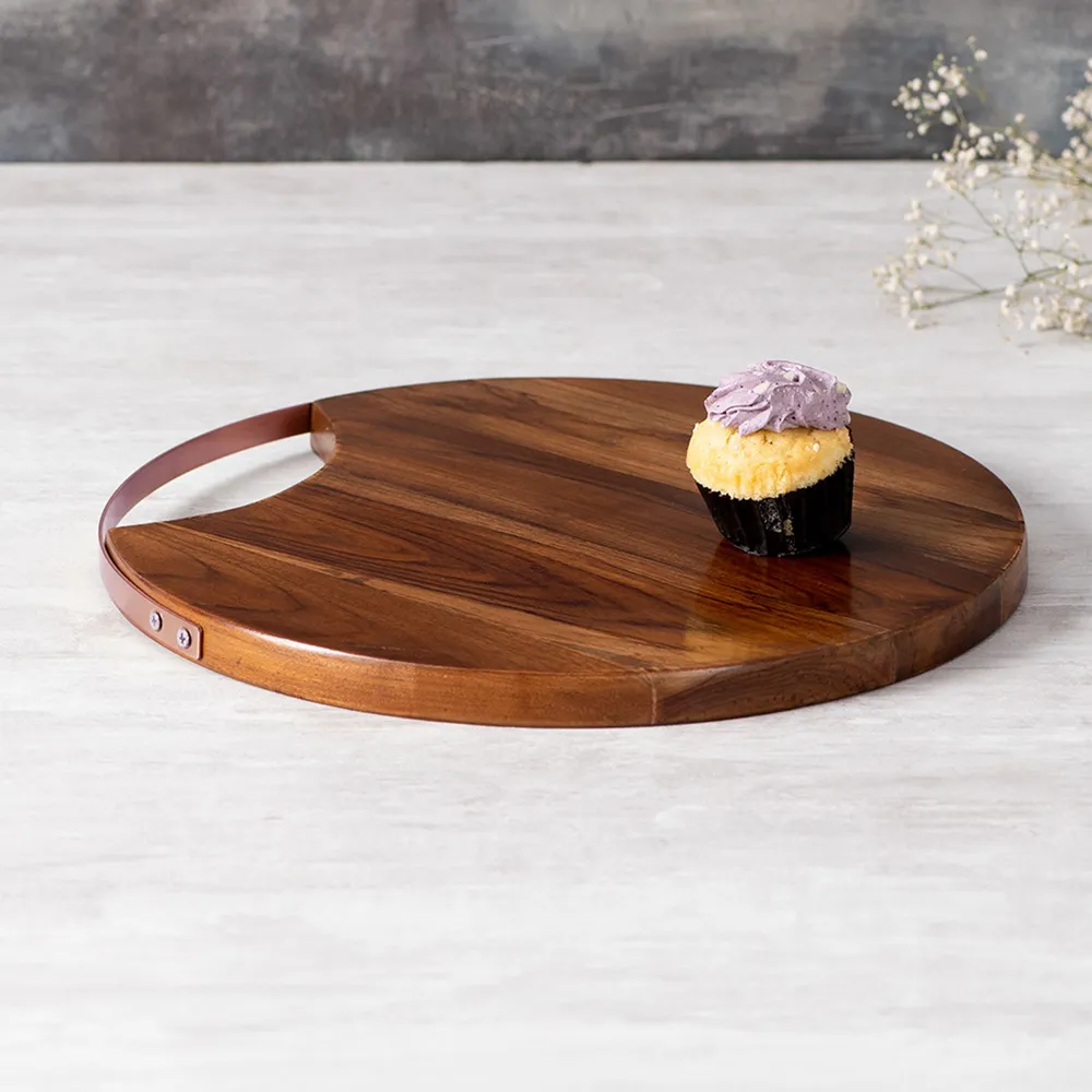 Rustic Brown Round Teak Wood Serving Platter