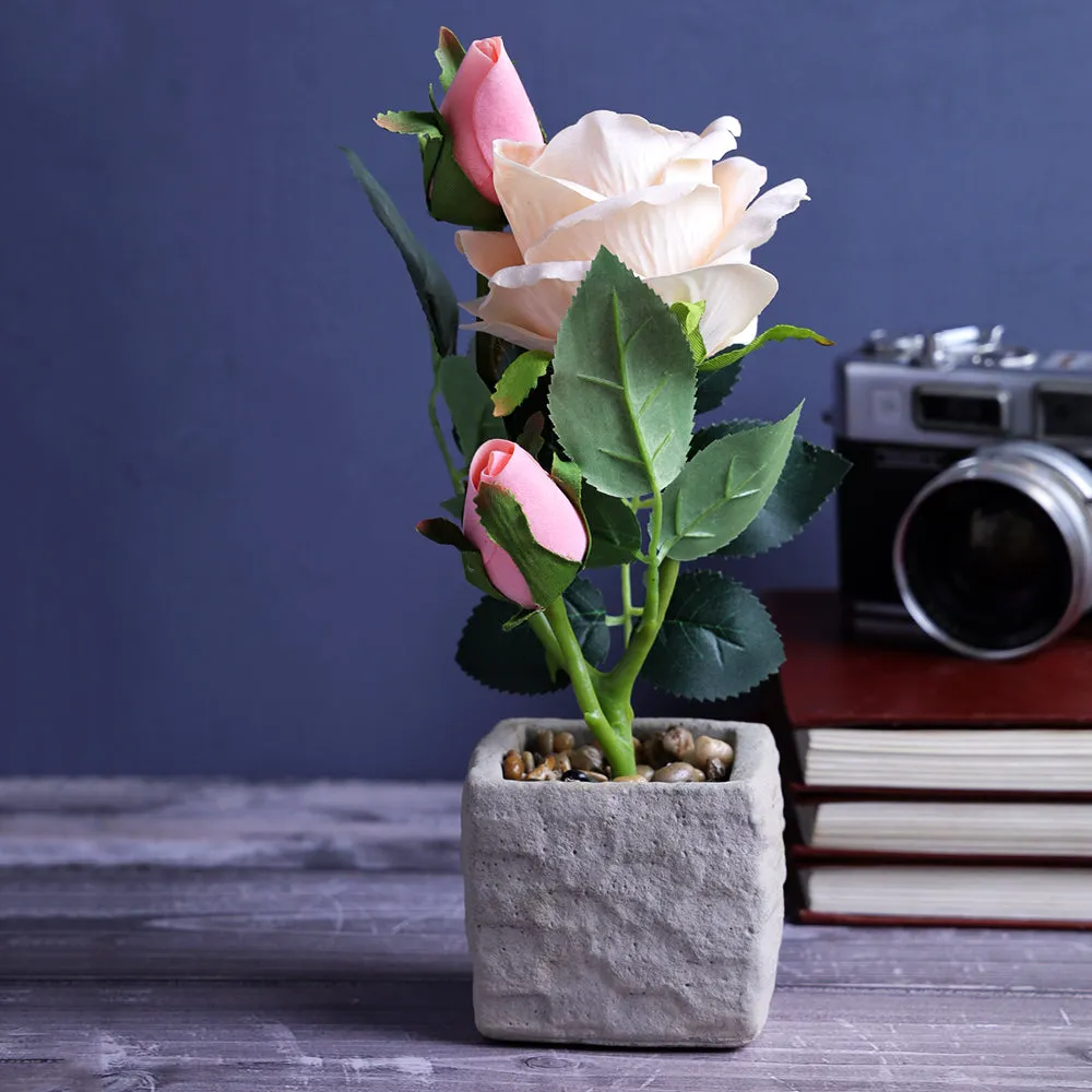 Rustic Designer Square Flower Pot With Pink Flower