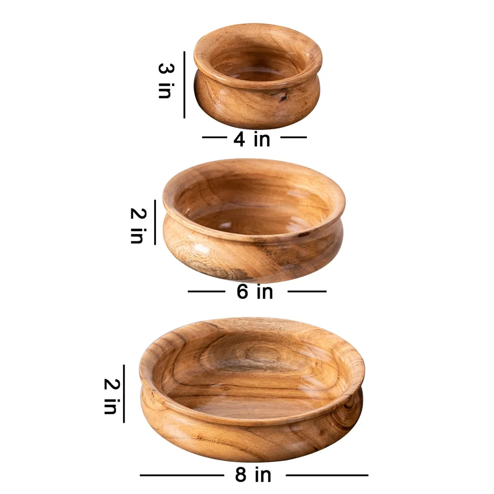 Rustic Light Brown Flat Wooden Serving Bowls Set Of 3