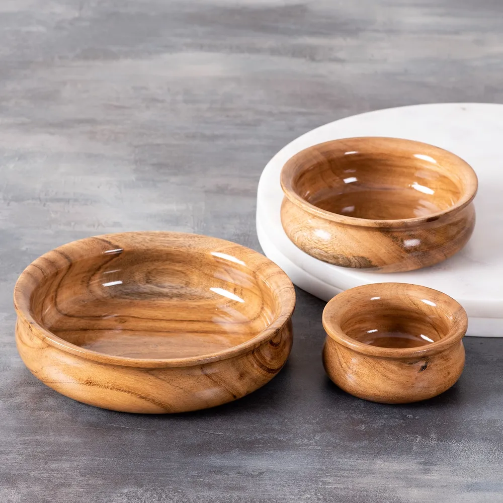 Rustic Light Brown Flat Wooden Serving Bowls Set Of 3