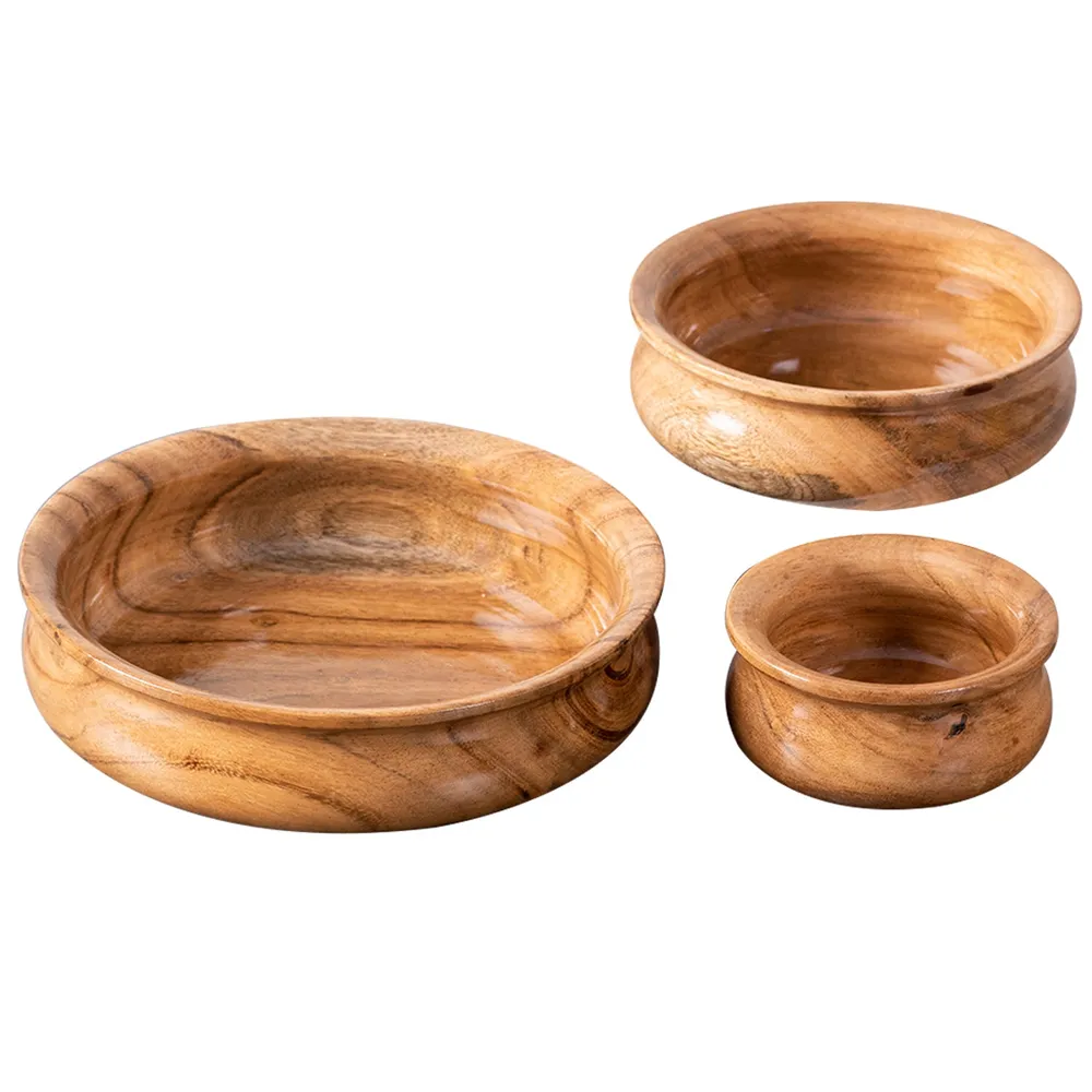 Rustic Light Brown Flat Wooden Serving Bowls Set Of 3