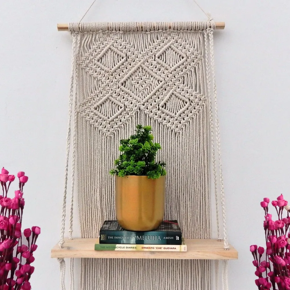 Rustic Macrame Wooden Wall Hanging Shelf