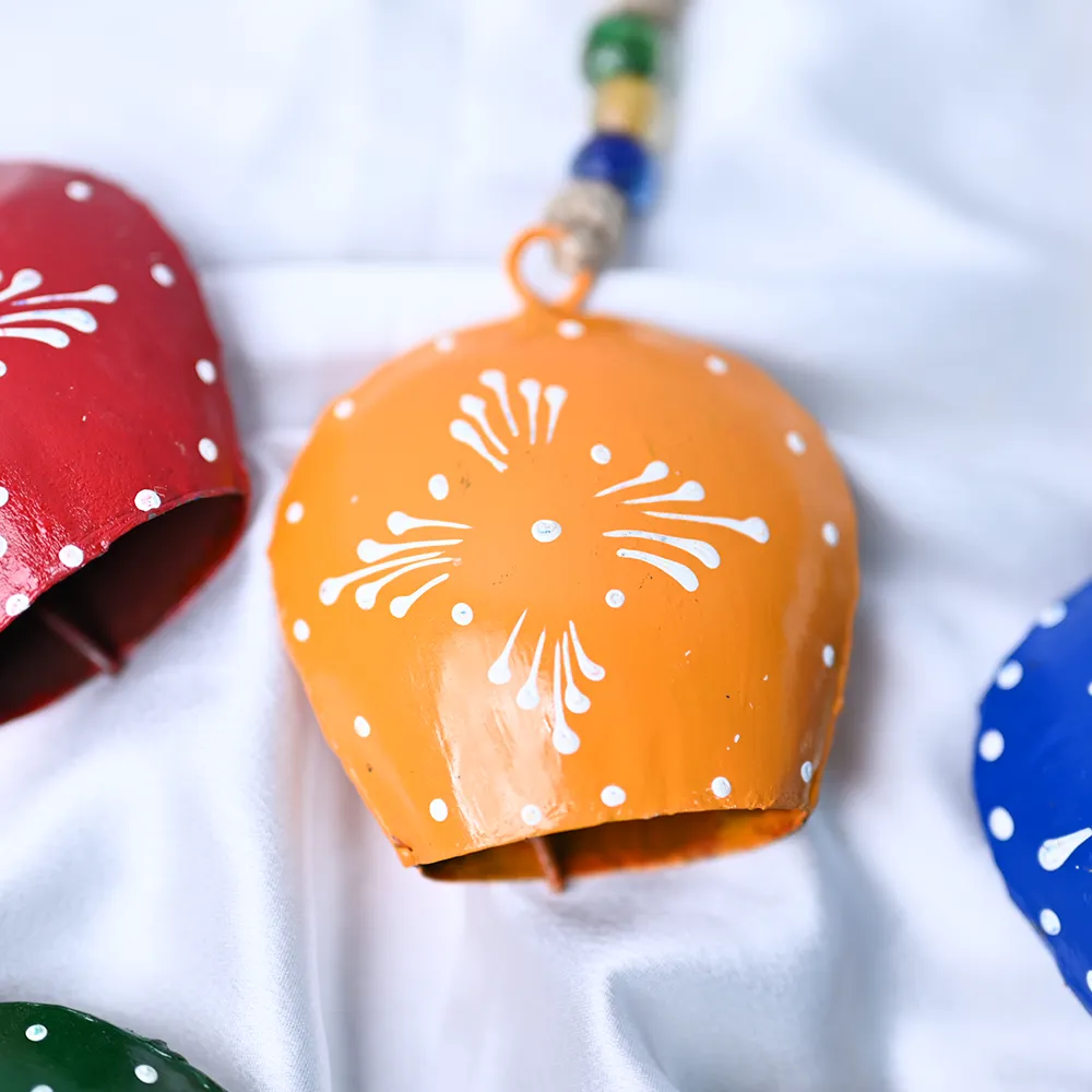 Rustic Vintage Colorful Handmade Hanging Purse Cow Bell Set of 5
