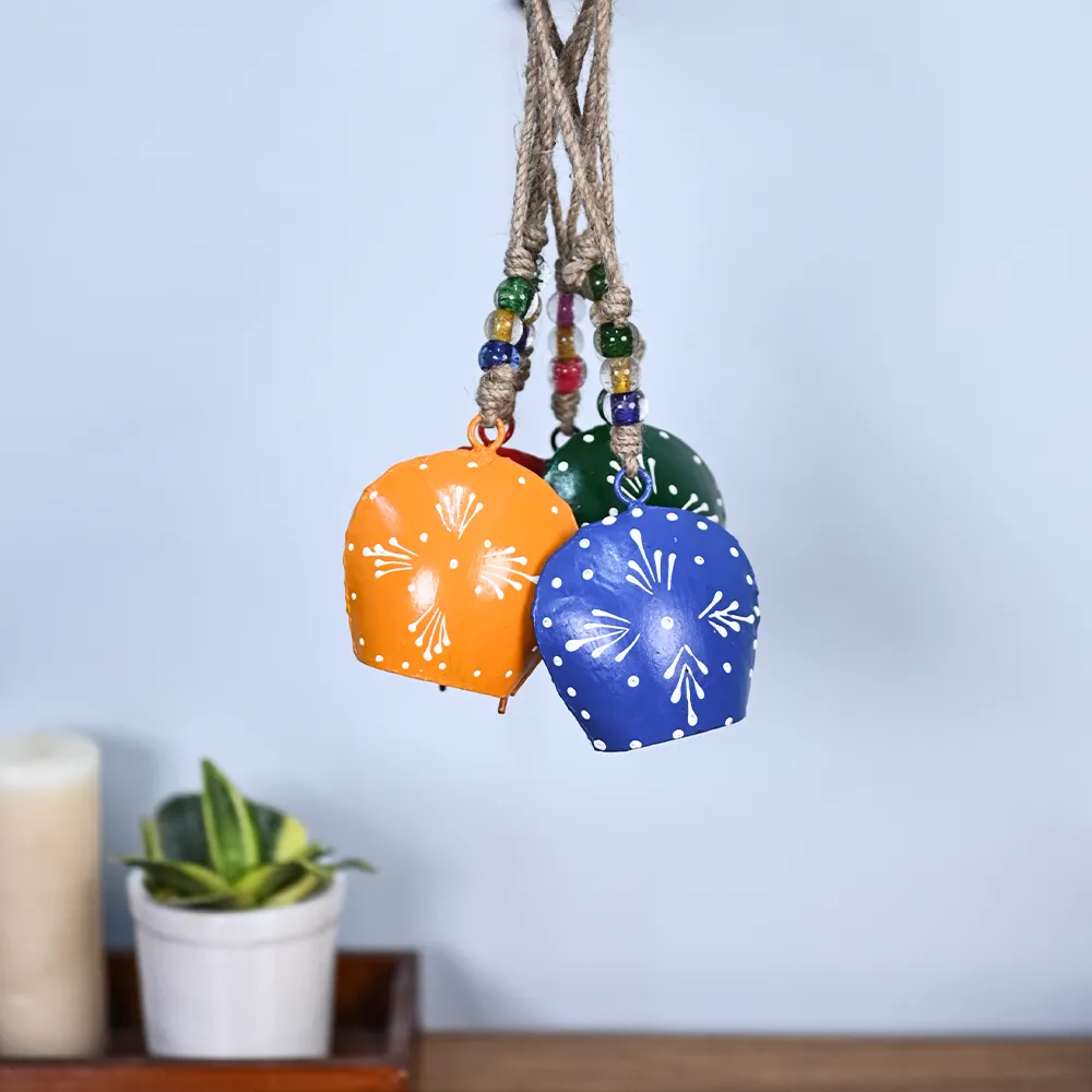 Rustic Vintage Colorful Handmade Hanging Purse Cow Bell Set of 5