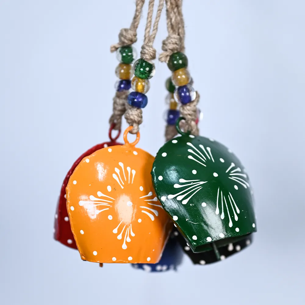 Rustic Vintage Colorful Handmade Hanging Purse Cow Bell Set of 5