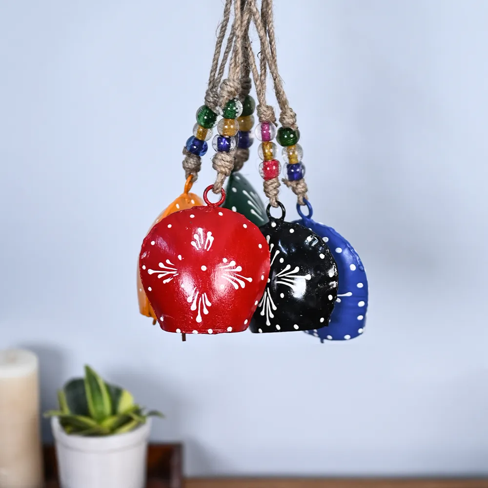 Rustic Vintage Colorful Handmade Hanging Purse Cow Bell Set of 5