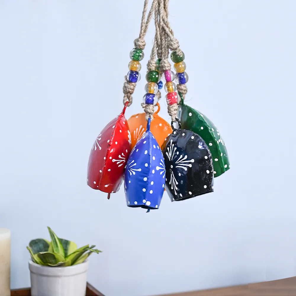 Rustic Vintage Colorful Handmade Hanging Purse Cow Bell Set of 5