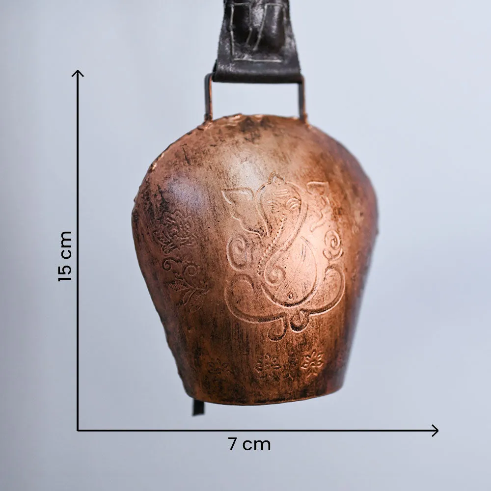 Rustic Vintage Handmade Ganesha Engraved Copper Hanging Garden Cow Bell Set Of 1