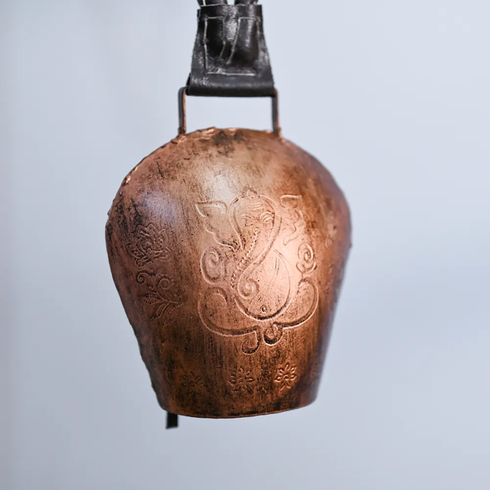 Rustic Vintage Handmade Ganesha Engraved Copper Hanging Garden Cow Bell Set Of 1