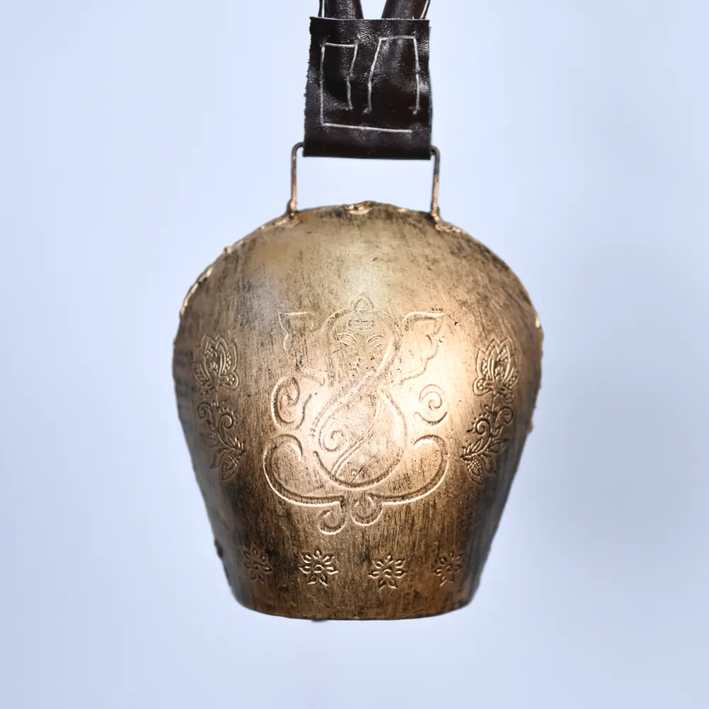 Rustic Vintage Handmade Ganesha Engraved Golden Hanging Garden Cow Bell Set Of 1