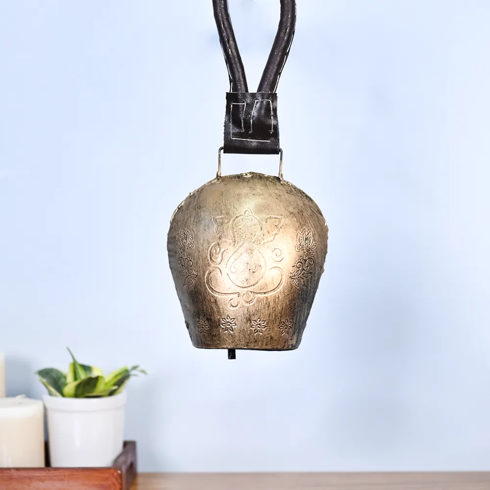 Rustic Vintage Handmade Ganesha Engraved Golden Hanging Garden Cow Bell Set Of 1
