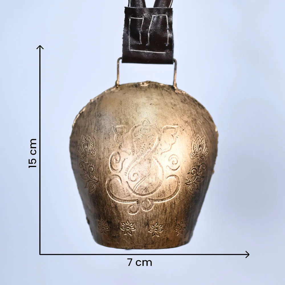 Rustic Vintage Handmade Ganesha Engraved Golden Hanging Garden Cow Bell Set Of 1