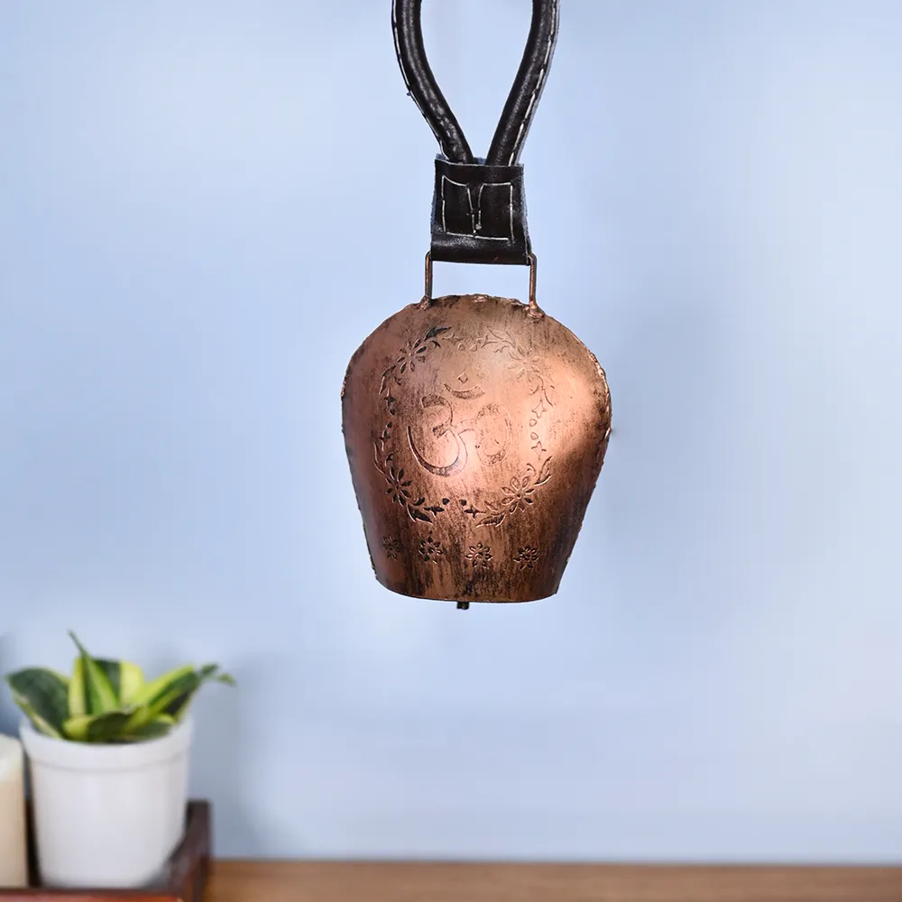 Rustic Vintage Handmade OM Engraved Copper Hanging Garden Cow Bell Set Of 1