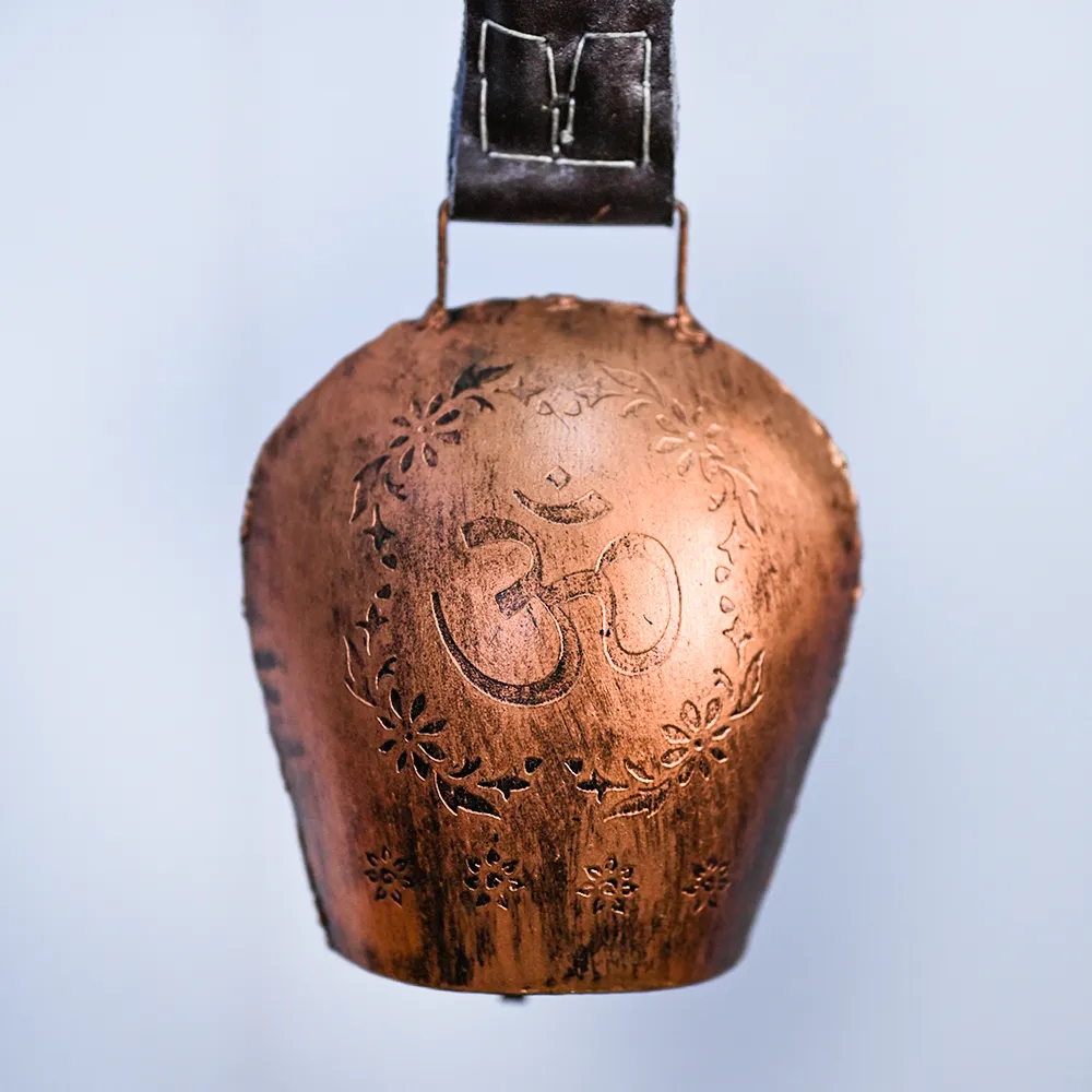 Rustic Vintage Handmade OM Engraved Copper Hanging Garden Cow Bell Set Of 1