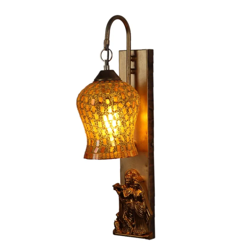 Rusty Golden Mosaic Glass With Radha Krishna Wall Light Fixture Single Piece
