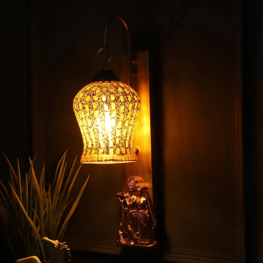 Rusty Golden Mosaic Glass With Radha Krishna Wall Light Fixture Single Piece