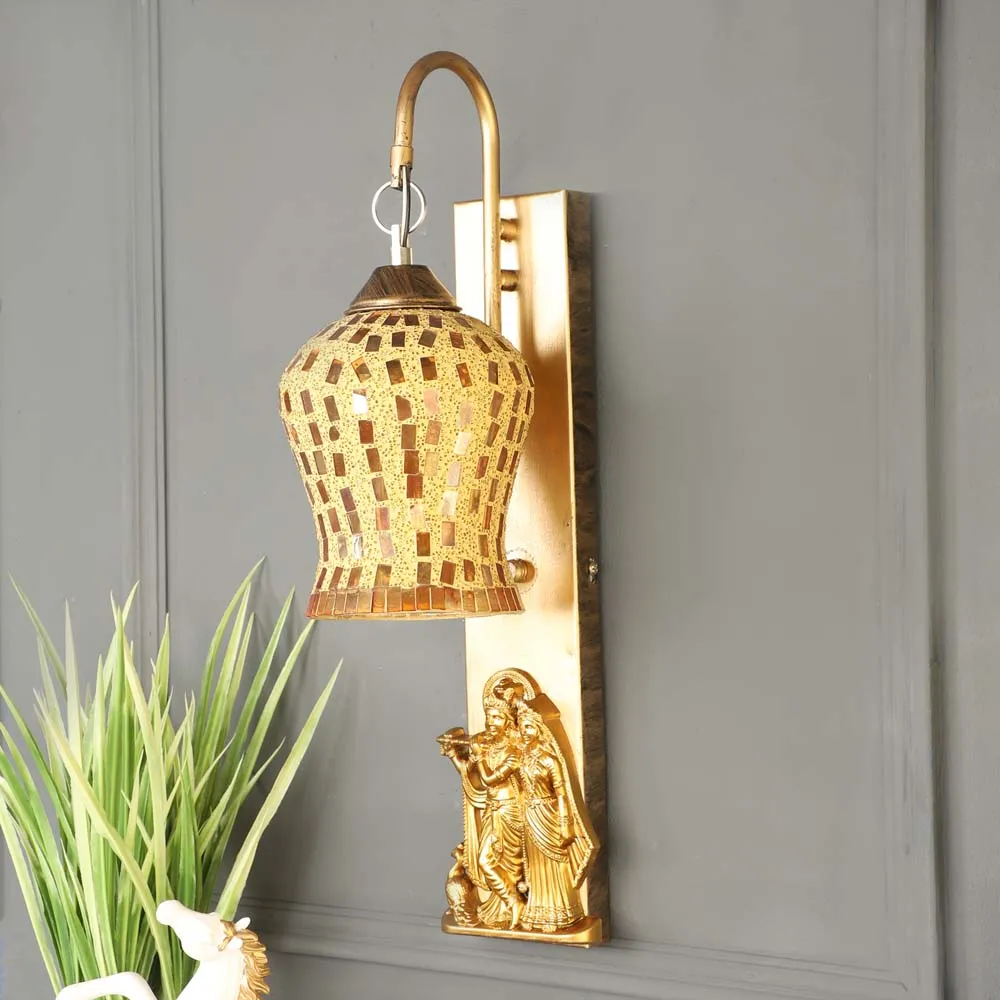 Rusty Golden Mosaic Glass With Radha Krishna Wall Light Fixture Single Piece