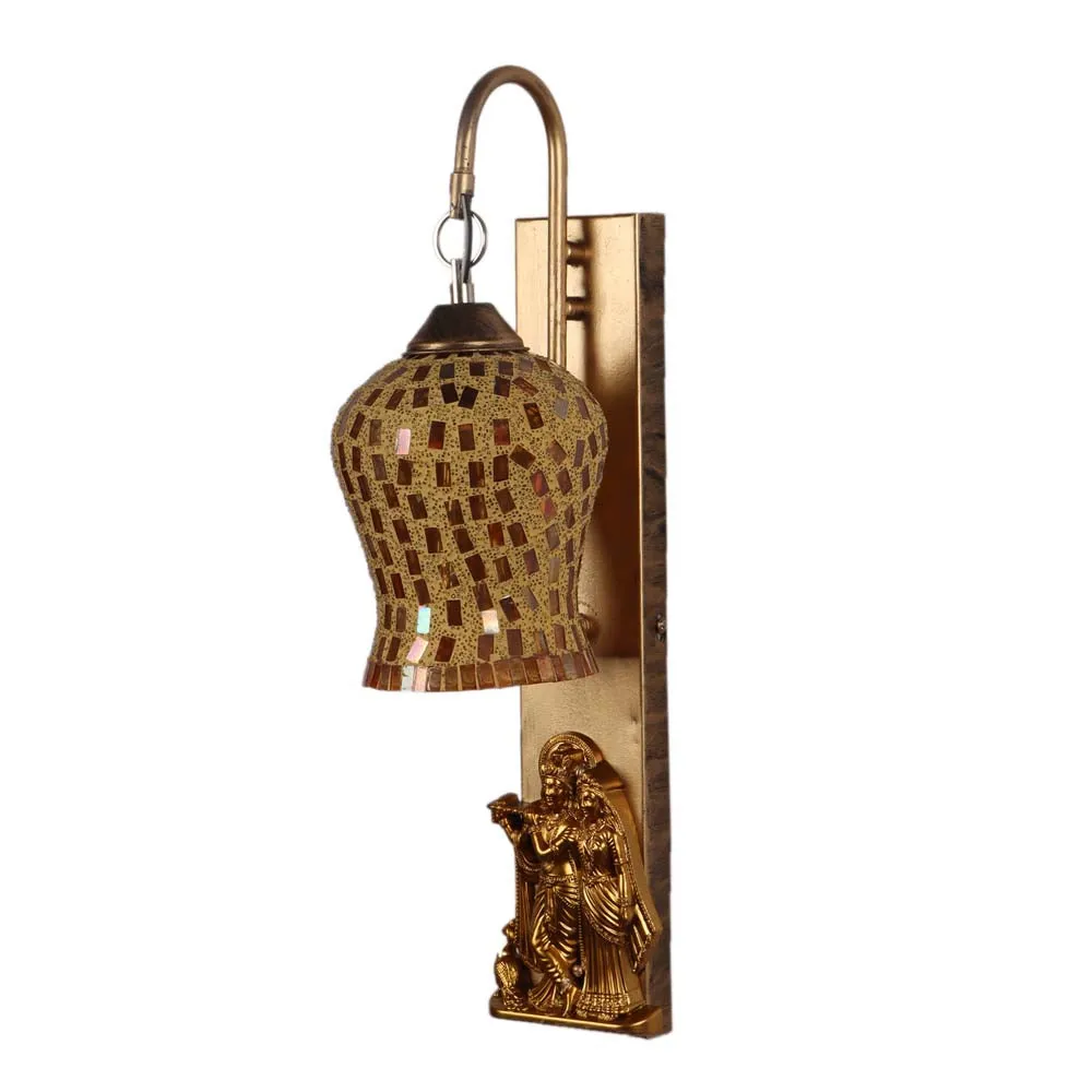Rusty Golden Mosaic Glass With Radha Krishna Wall Light Fixture Single Piece