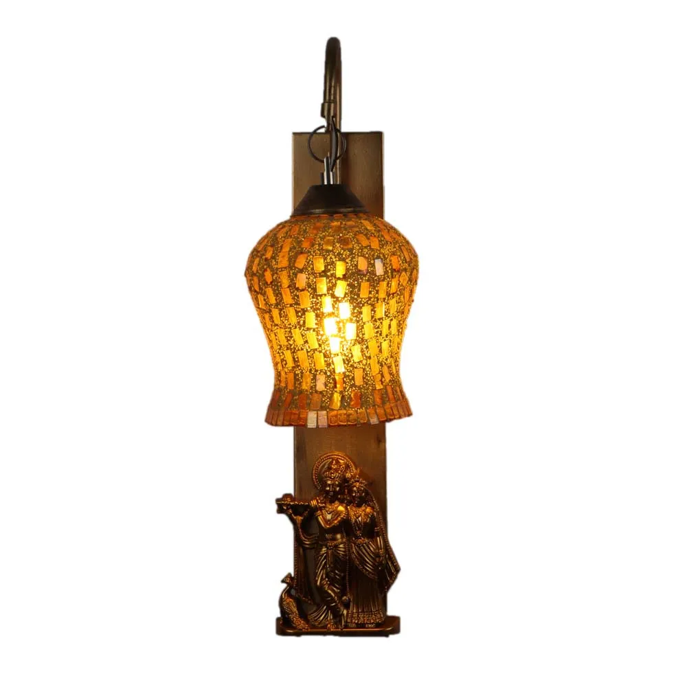 Rusty Golden Mosaic Glass With Radha Krishna Wall Light Fixture Single Piece