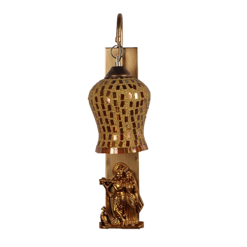 Rusty Golden Mosaic Glass With Radha Krishna Wall Light Fixture Single Piece