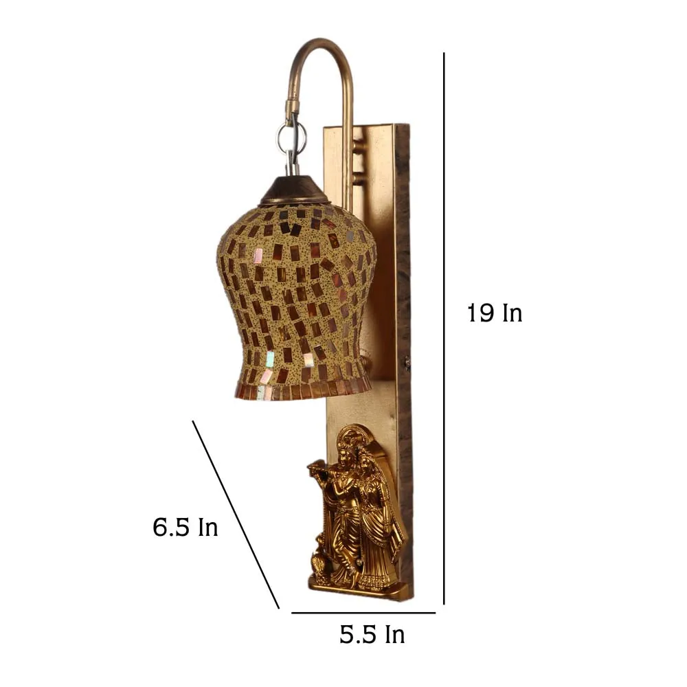 Rusty Golden Mosaic Glass With Radha Krishna Wall Light Fixture Single Piece