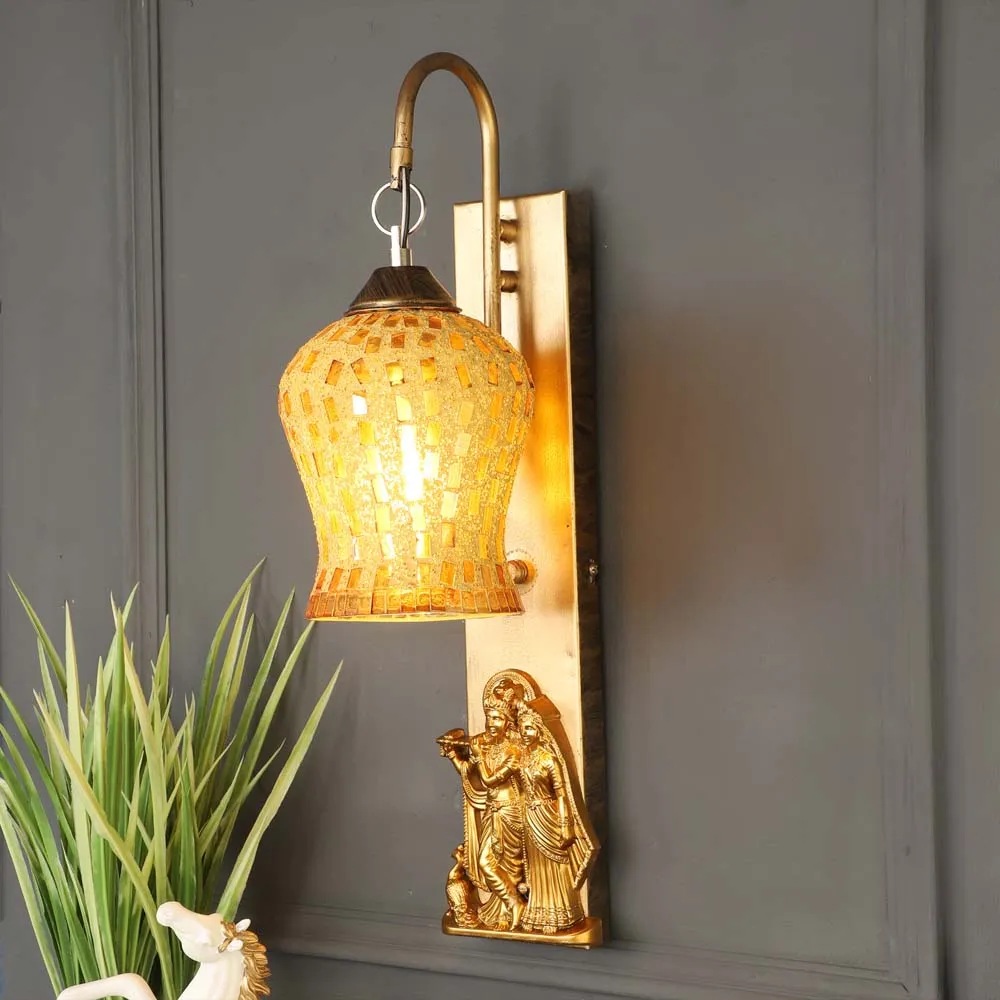 Rusty Golden Mosaic Glass With Radha Krishna Wall Light Fixture Single Piece