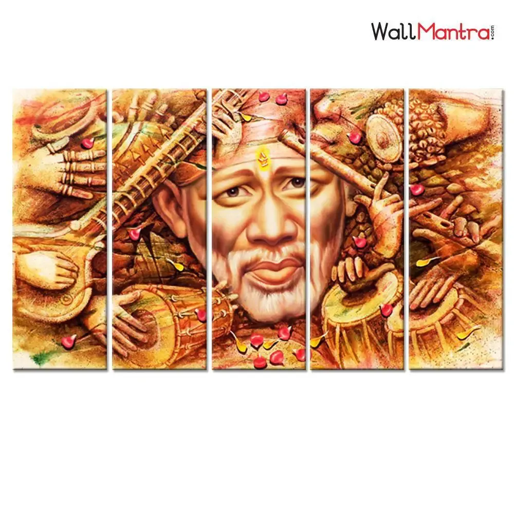 Sai Baba Indian Religious 5 Pieces Canvas Print Wall Painting