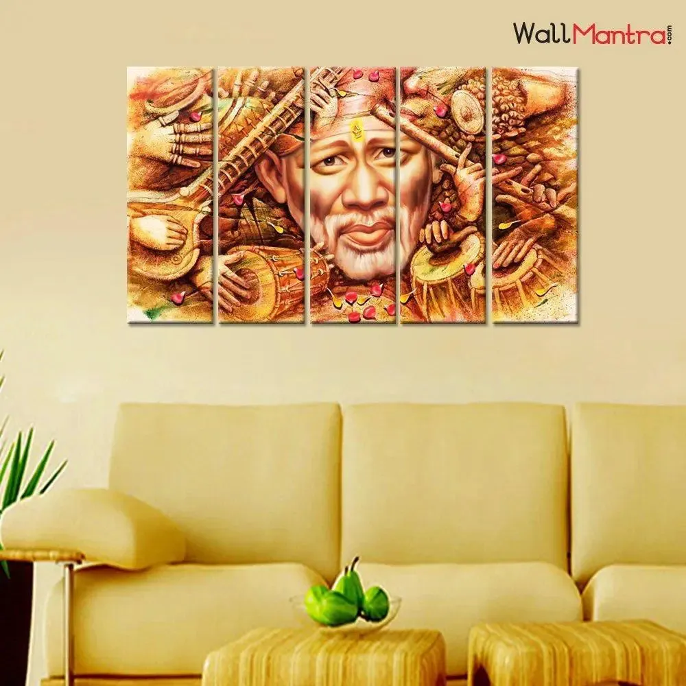 Sai Baba Indian Religious 5 Pieces Canvas Print Wall Painting