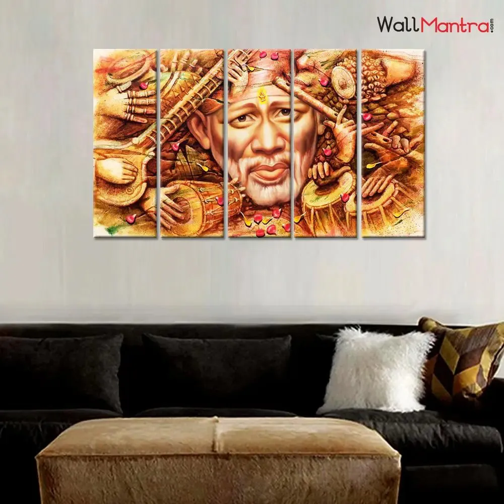 Sai Baba Indian Religious 5 Pieces Canvas Print Wall Painting