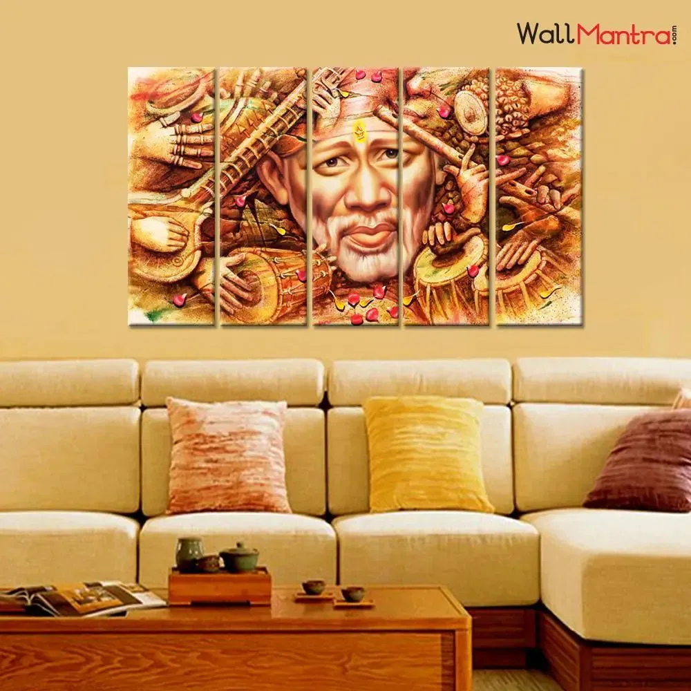 Sai Baba Indian Religious 5 Pieces Canvas Print Wall Painting