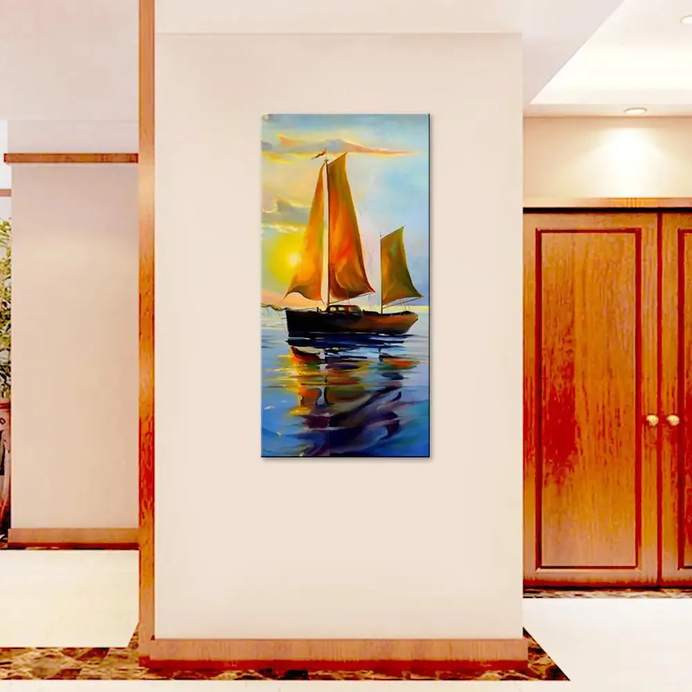 Sailboat With Sunset Canvas Printed Wall Painting With Wood Frame