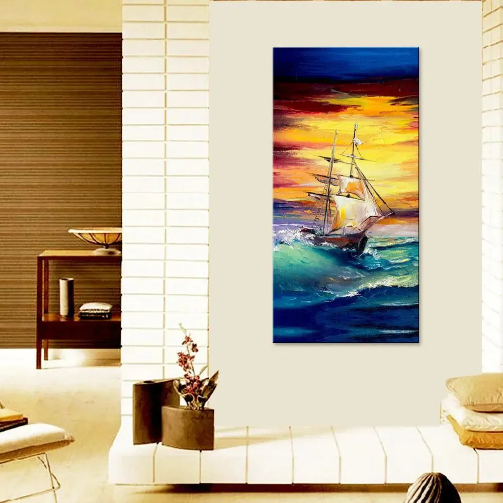 Sailboat With Sunset Canvas Printed Wall Painting With Wood Frame