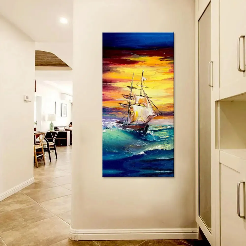 Sailboat With Sunset Canvas Printed Wall Painting With Wood Frame