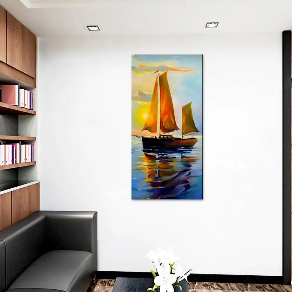 Sailboat With Sunset Canvas Printed Wall Painting With Wood Frame