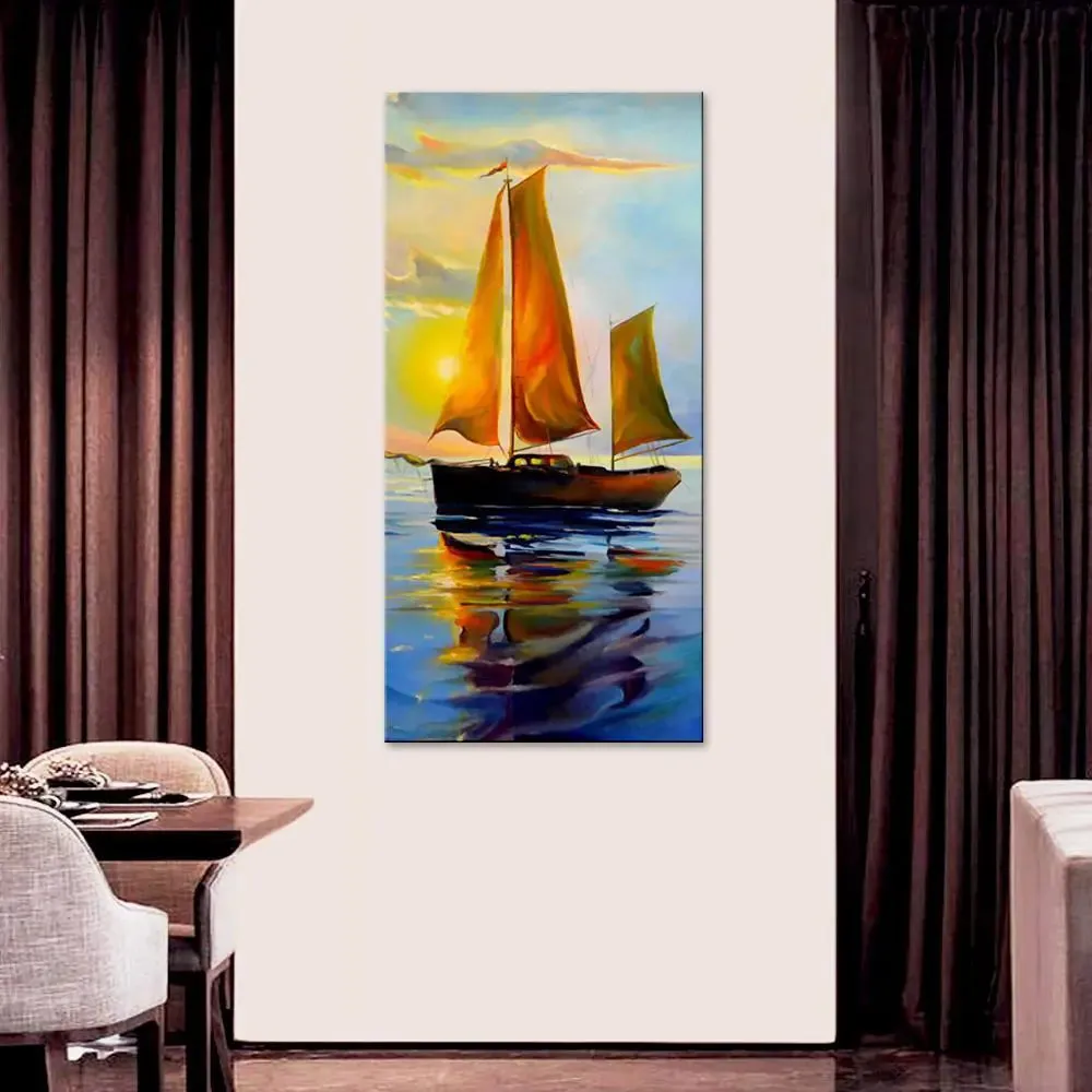 Sailboat With Sunset Canvas Printed Wall Painting With Wood Frame