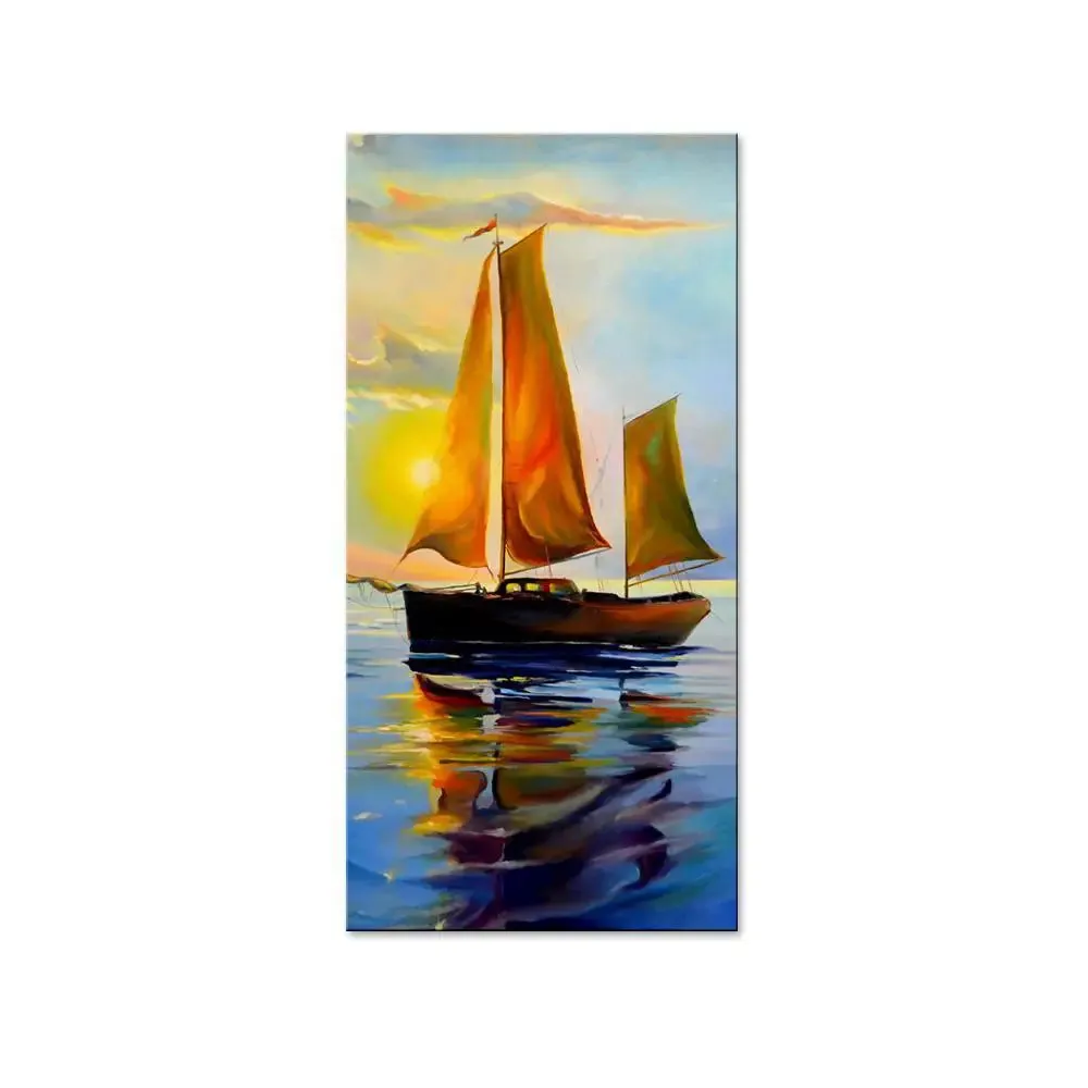 Sailboat With Sunset Canvas Printed Wall Painting With Wood Frame