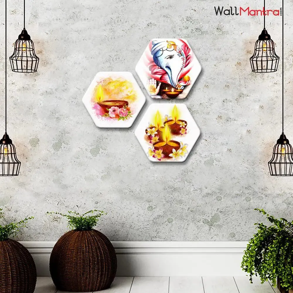 Sanatan Symbols Hexagon Shape Canvas Wall Painting Set of 3