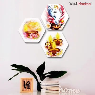 Sanatan Symbols Hexagon Shape Canvas Wall Painting Set of 3