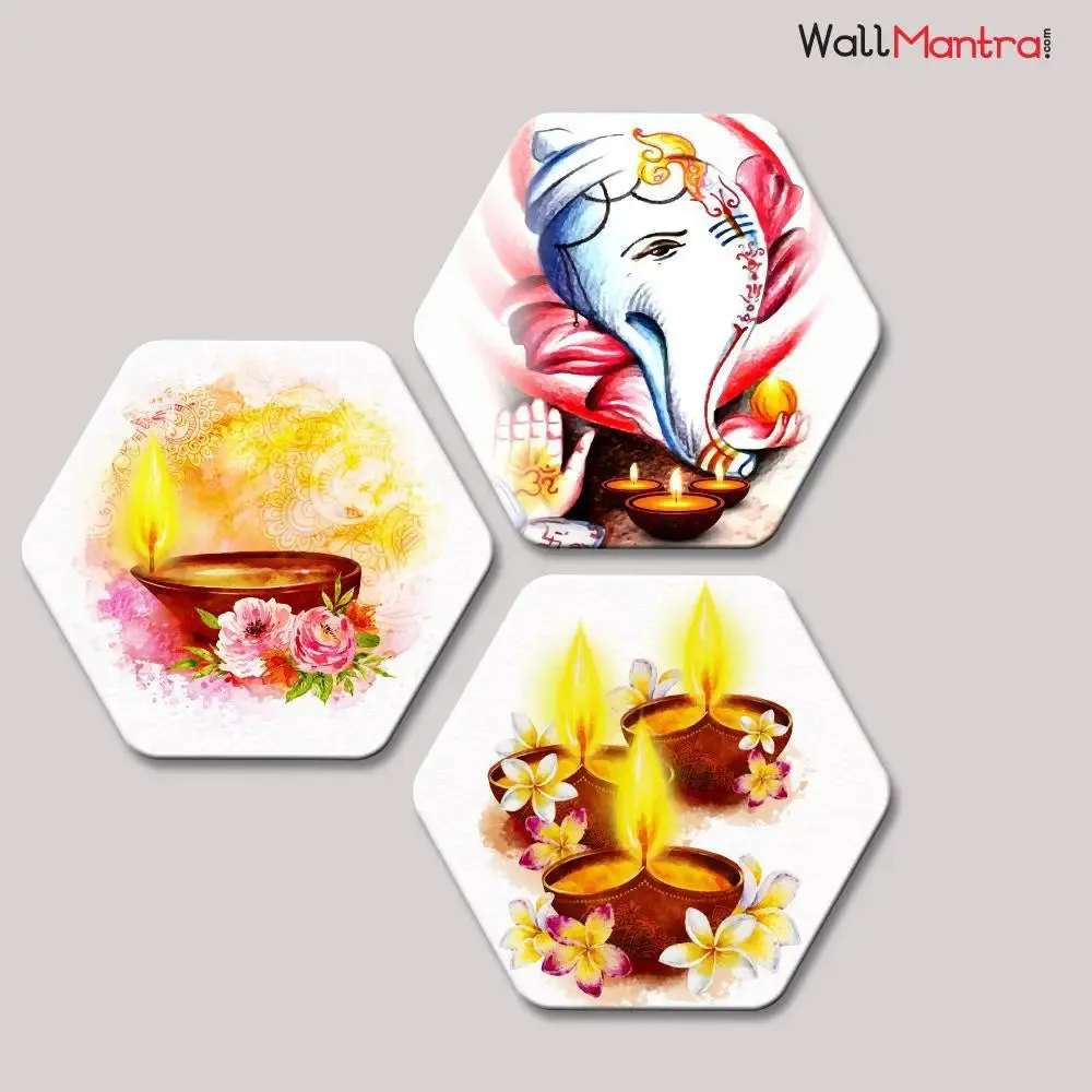 Sanatan Symbols Hexagon Shape Canvas Wall Painting Set of 3