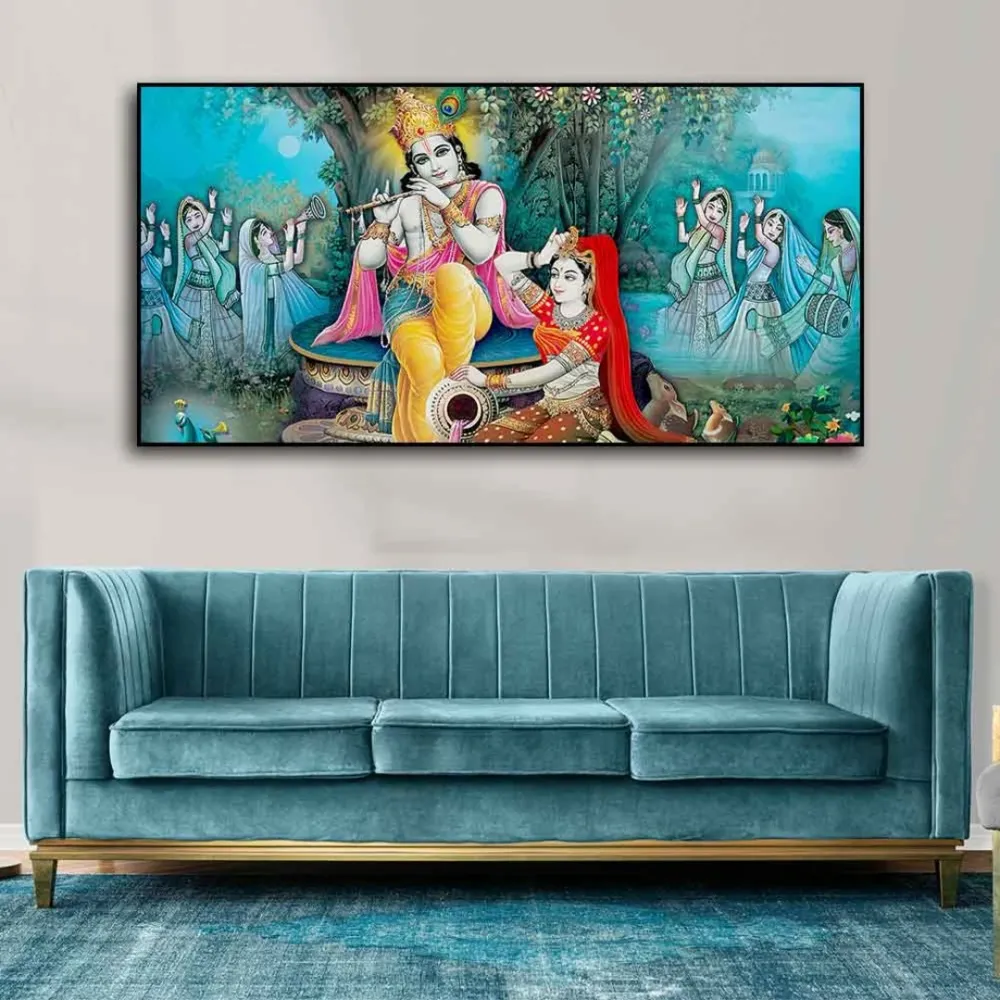 Sapphire Serenade Radha Krishna Canvas Wall Painting With Frame
