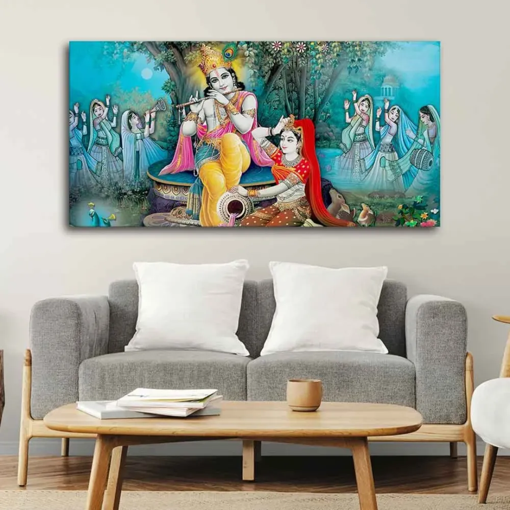 Sapphire Serenade Radha Krishna Canvas Wall Painting With Frame