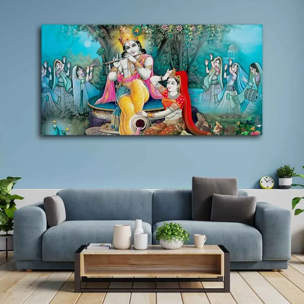 Sapphire Serenade Radha Krishna Canvas Wall Painting With Frame