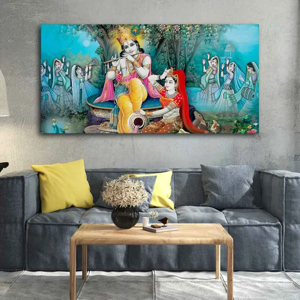 Sapphire Serenade Radha Krishna Canvas Wall Painting With Frame