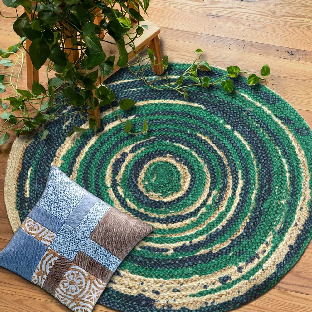 Sea Green & Blue Vibrant Patterned Round Jute Floormat