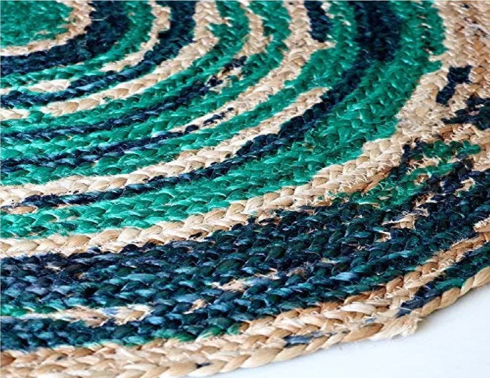 Sea Green & Blue Vibrant Patterned Round Jute Floormat