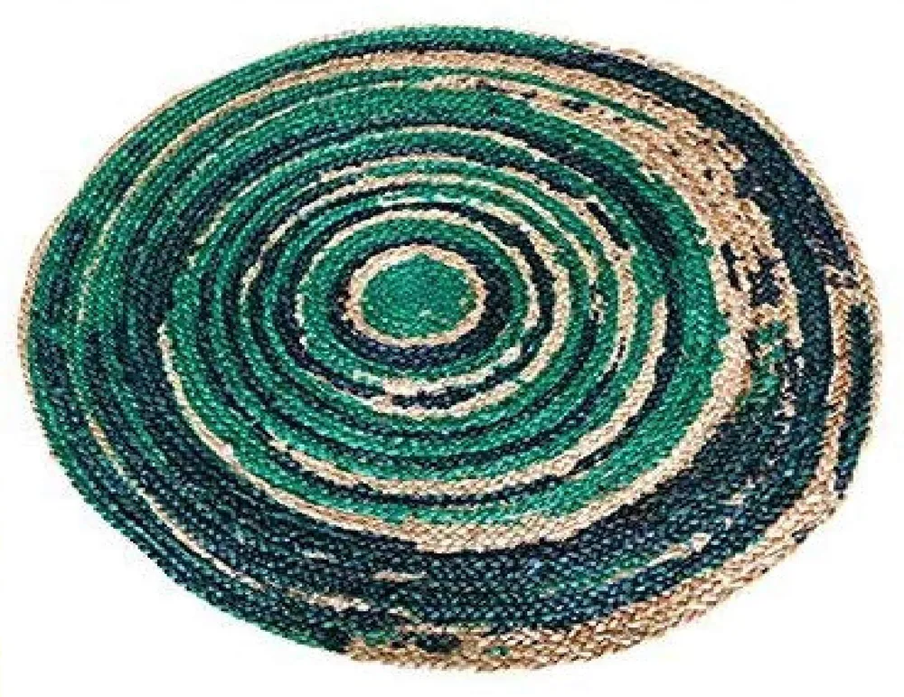 Sea Green & Blue Vibrant Patterned Round Jute Floormat