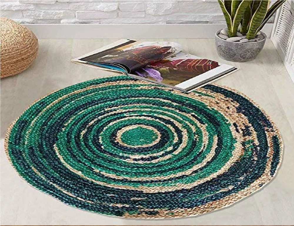 Sea Green & Blue Vibrant Patterned Round Jute Floormat Small (Diameter 80cm)