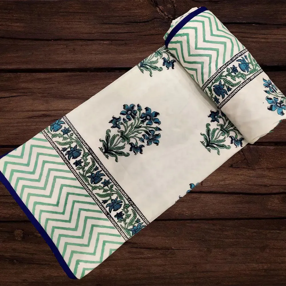 Sea Green Designer Floral Hand Block Printed Single Bed Cotton Dohar